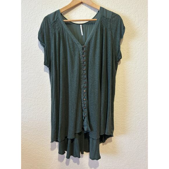 Free People Green Top Forest Fairy Goth Button Up Size M Pleated Smocked Boho - Picture 1 of 11